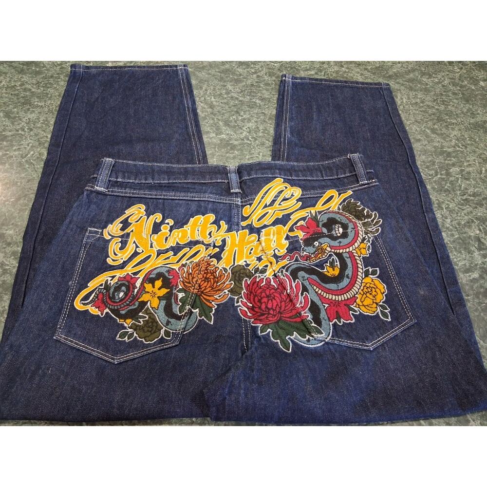 NINTH HALL AMBUSH DENIM JEANS BAGGY SZ 34 EMBROIDERED Dragon Flowers Skater Y2K